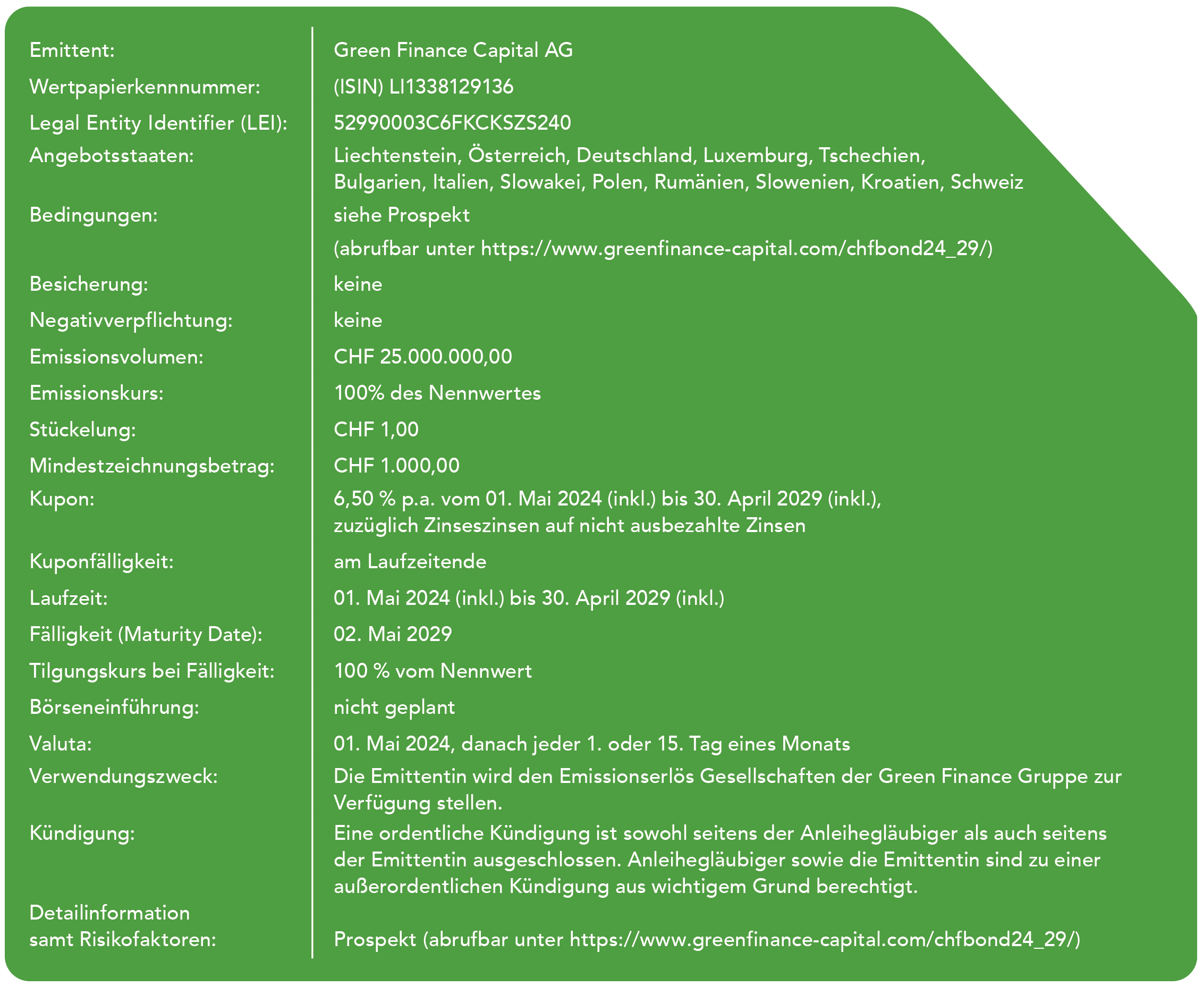 Fakten zum Green Finance Capital CHF Step up Bond 2024-2029 - nähere Information sind in der Beschreibung des Bildes zu finden.