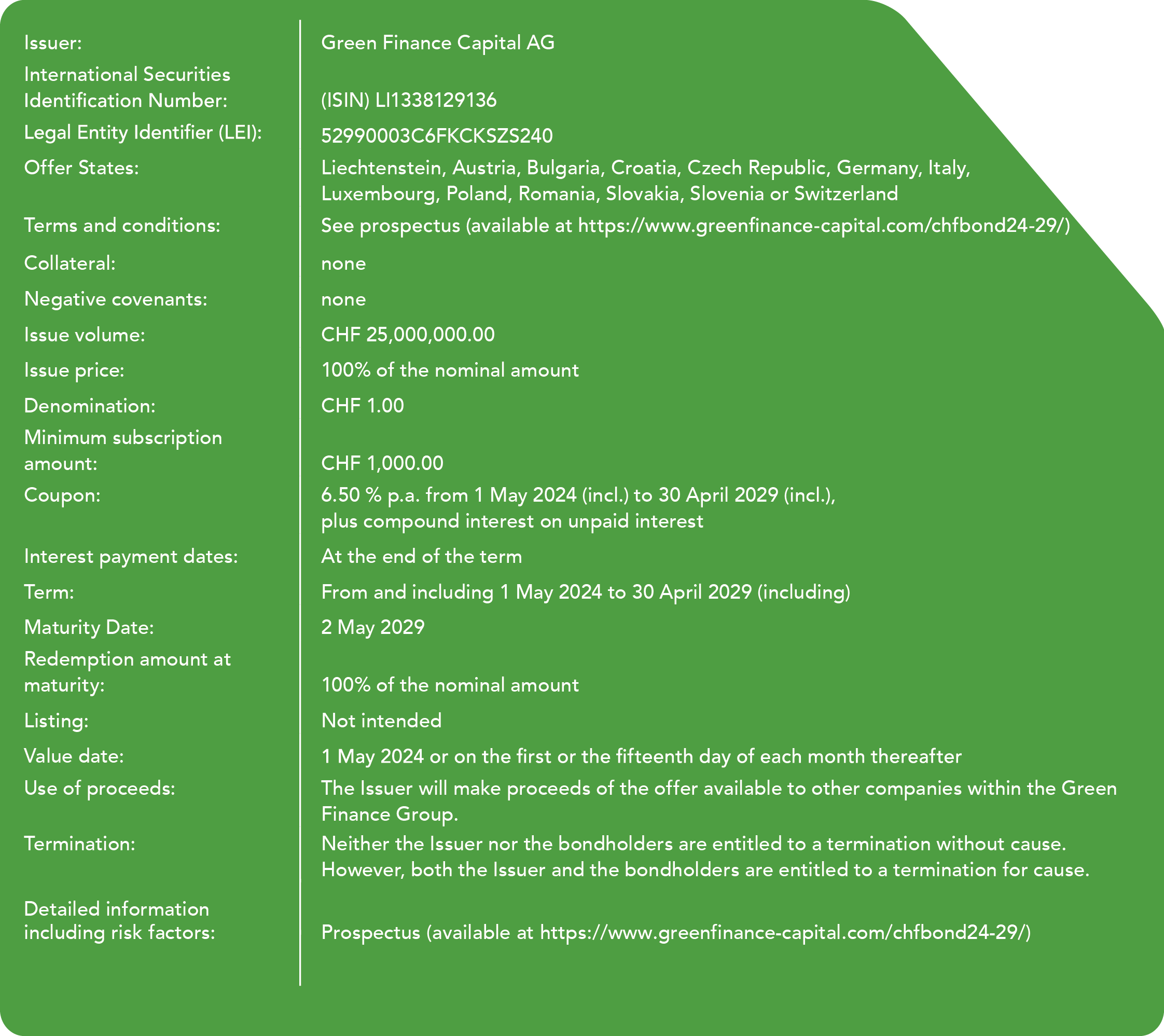 Facts about the Green Finance Capital CHF Step up Bond 2024-2029 - more information can be found in the description of the image.