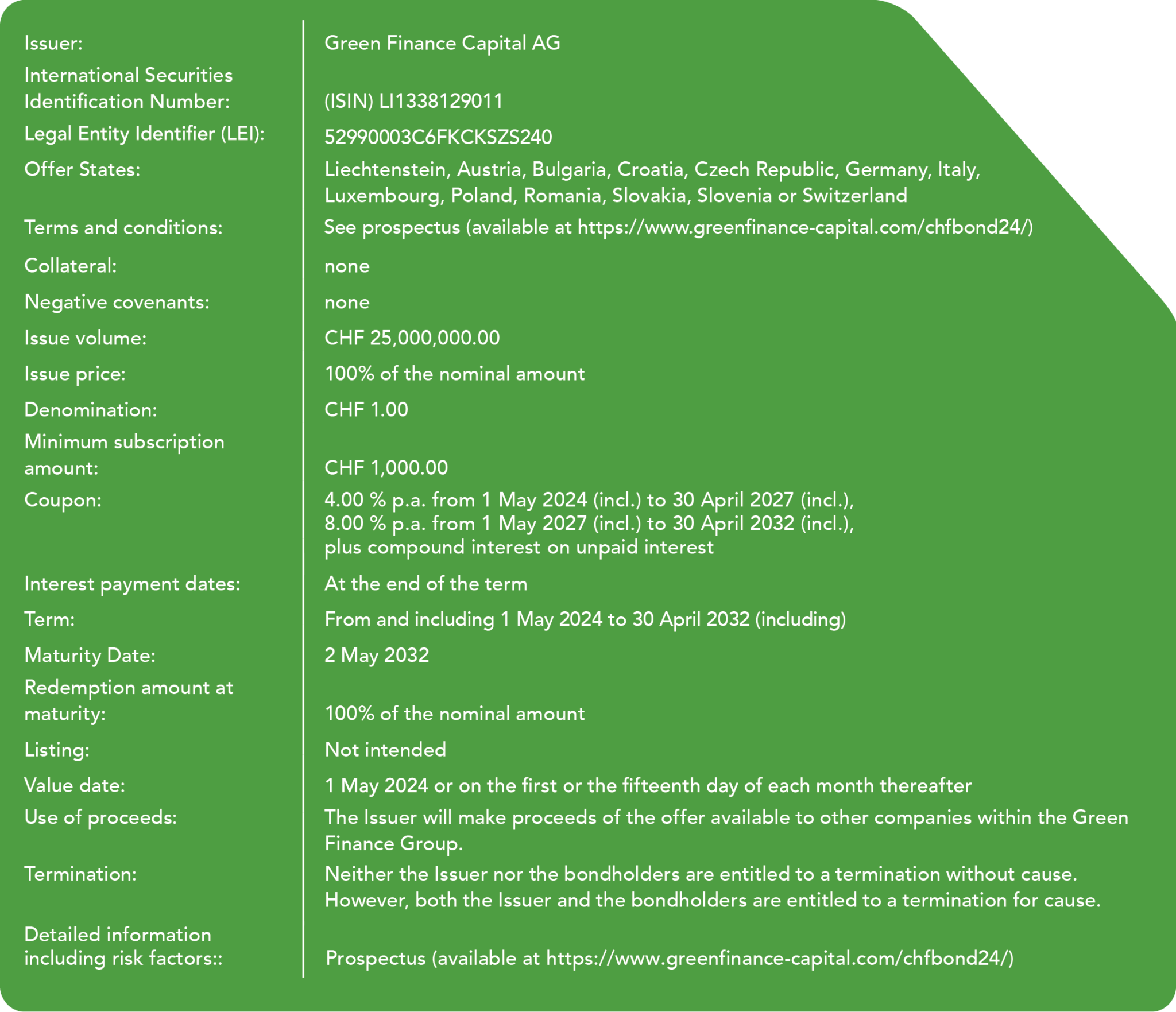 Facts about the Green Finance Capital CHF Step up Bond 2024-2032 - more information can be found in the description of the image.