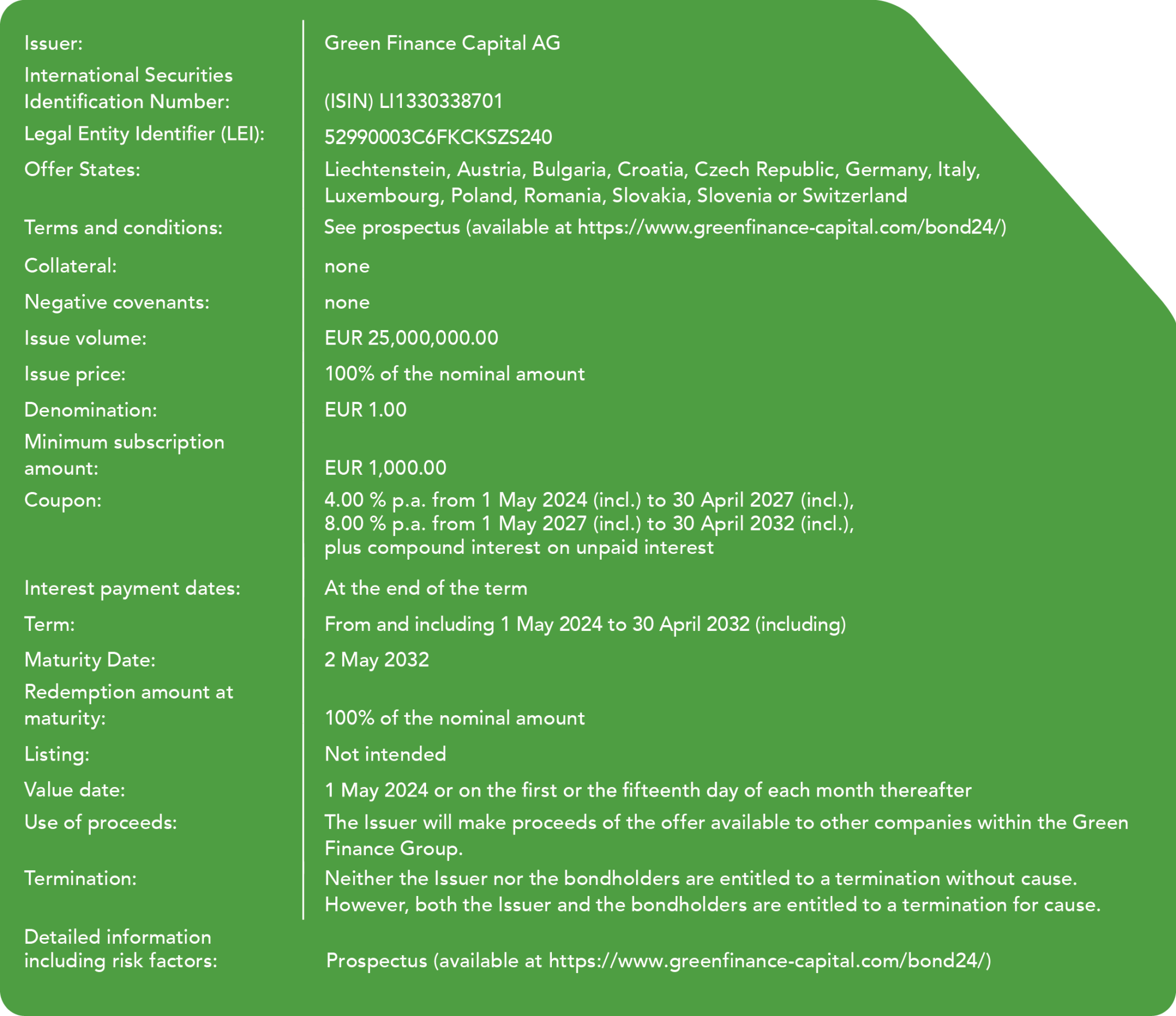 Facts about the Green Finance Capital Step up Bond 2024-2032 - more information can be found in the description of the image.