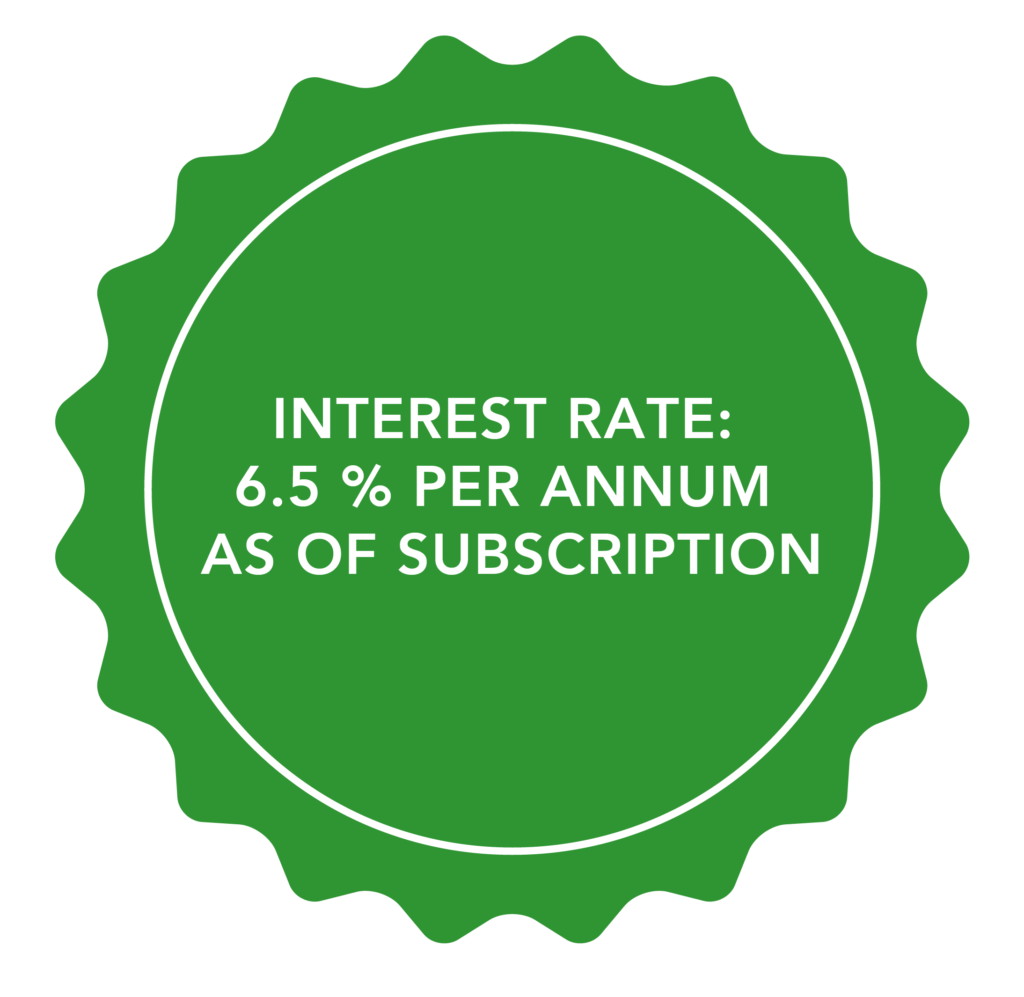 Note with the text: INTEREST RATE: 6.5 % PER ANNUM AS OF SUBSCRIPTION