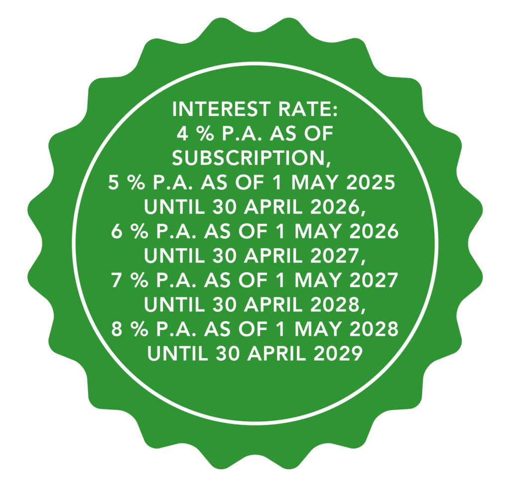 Note with the text: INTEREST RATE: 4 % PER ANNUM AS OF SUBSCRIPTION, 5 % PER ANNUM AS OF 1 MAY 2025 UNTIL 30 April 2026, 6 % PER ANNUM AS OF 1 MAY 2026 UNTIL 30 April 2027, 7 % PER ANNUM AS OF 1 MAY 2027 UNTIL 30 April 2028, 8 % PER ANNUM AS OF 1 MAY 2028 UNTIL 30 April 2029