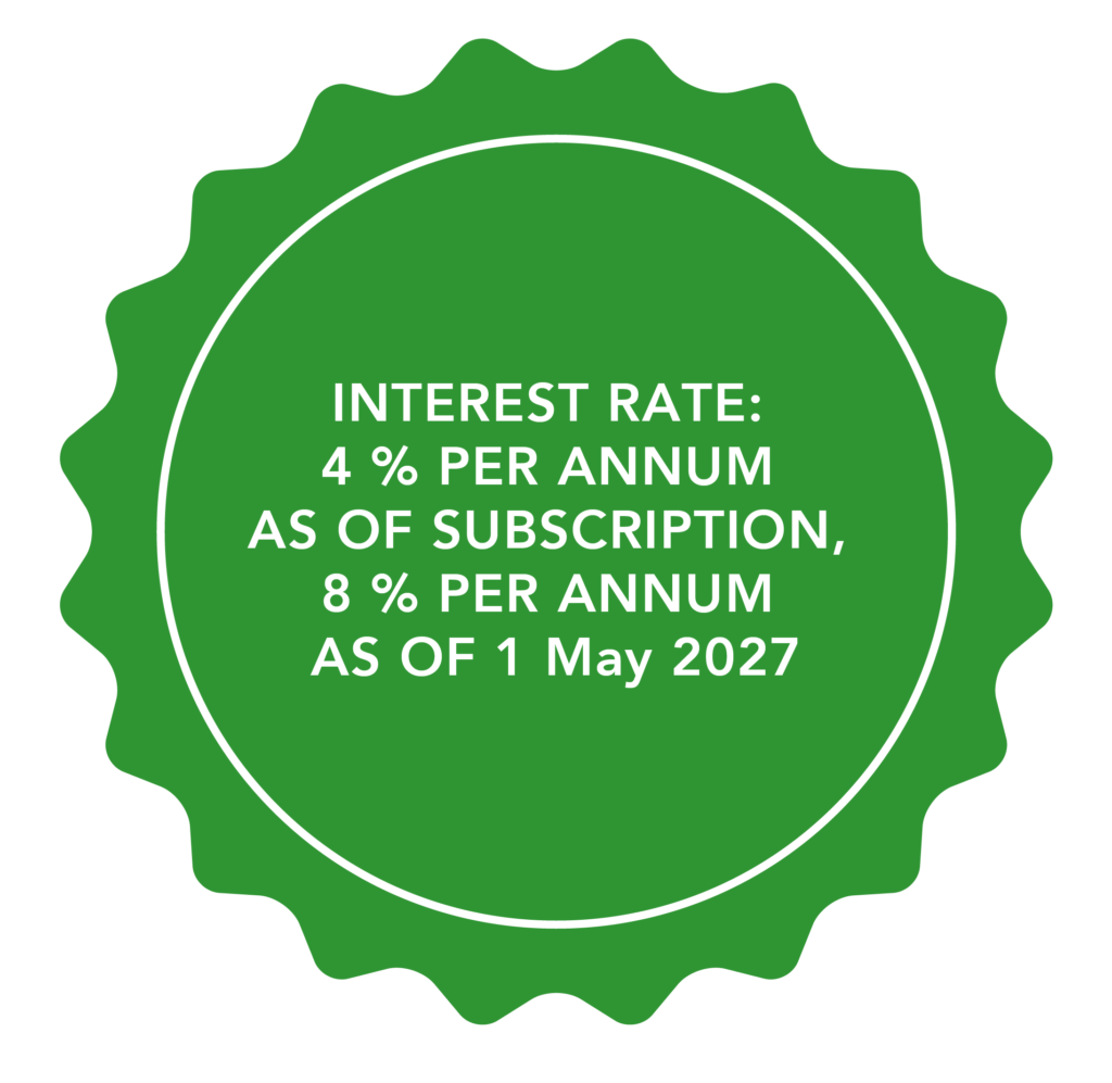 Note with the text: INTEREST RATE: 4 % PER ANNUM AS OF SUBSCRIPTION, 8 % PER ANNUM AS OF 1 May 2027