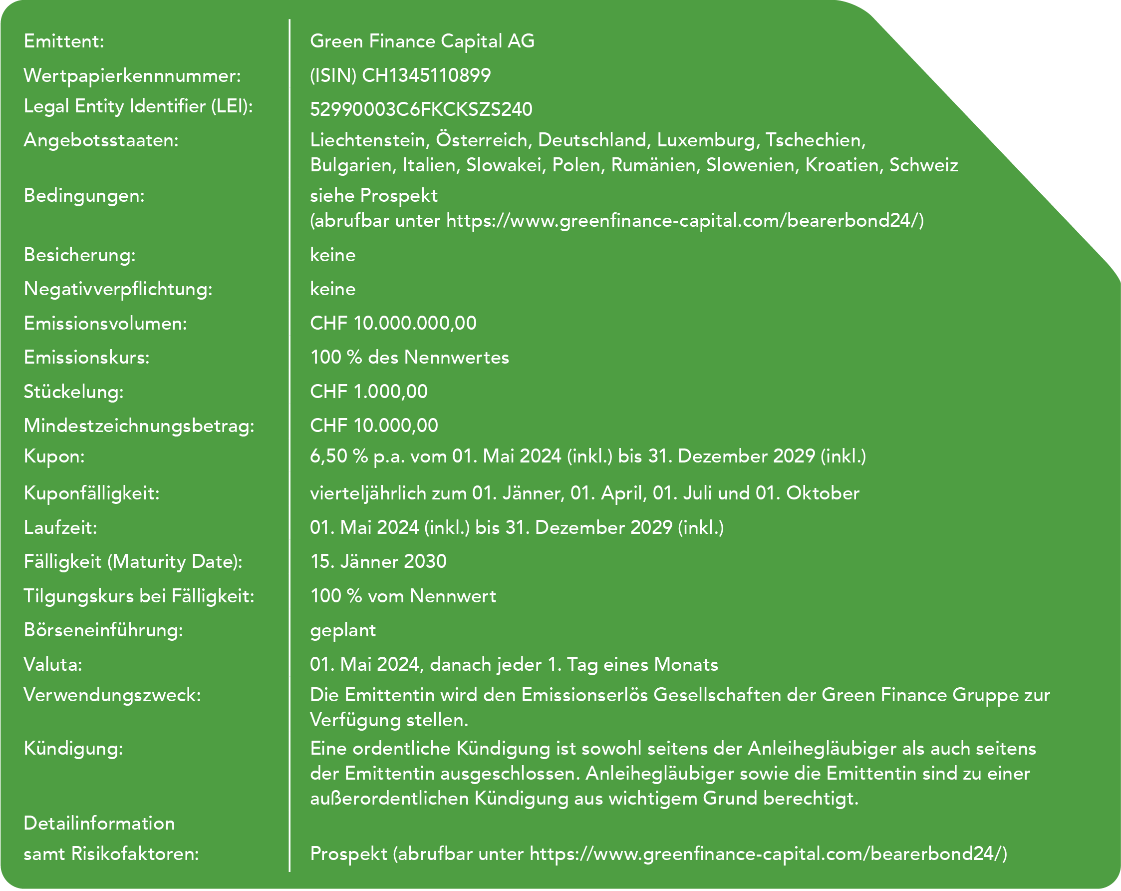 Fakten zum Green Finance Capital Bearer Bond 2024 - nähere Information sind in der Beschreibung des Bildes zu finden.