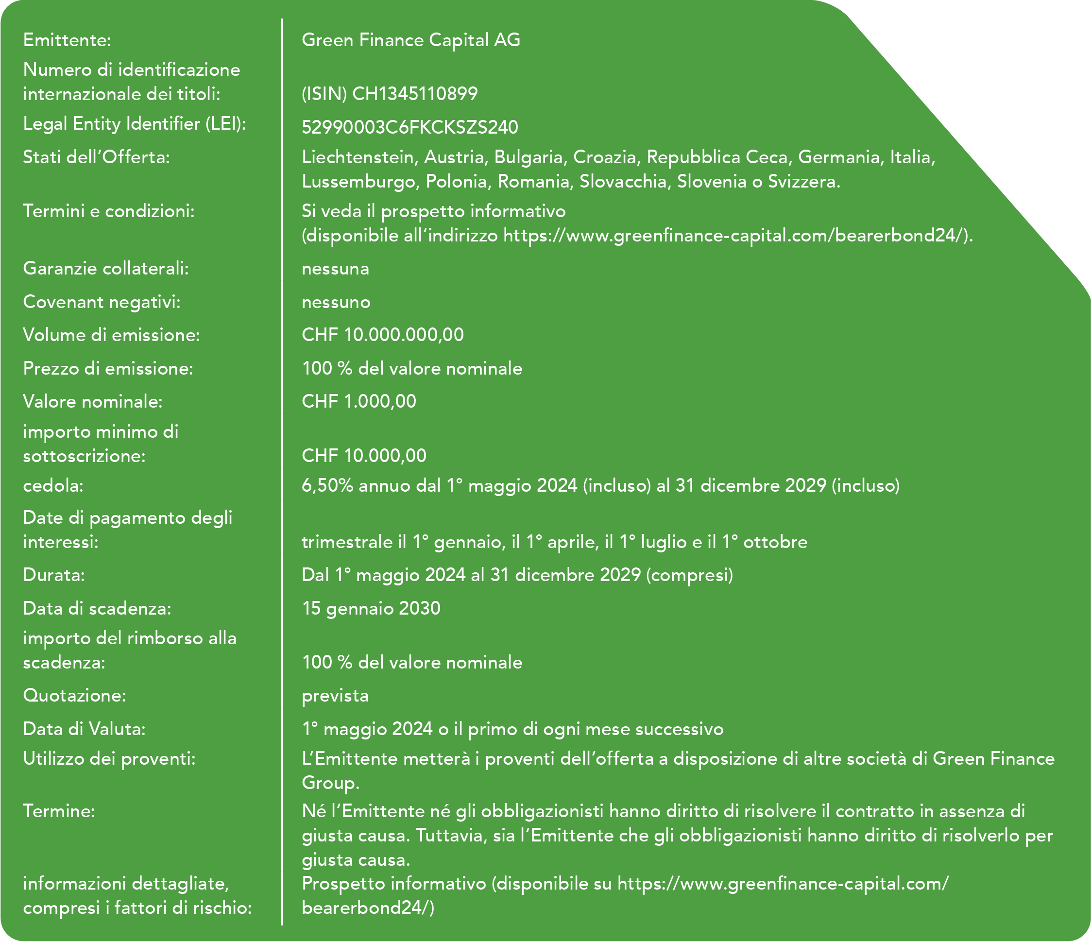 Fatti sull'Obbligazione al portatore Green Finance Capital 2024 - ulteriori informazioni sono disponibili nella descrizione dell'immagine.