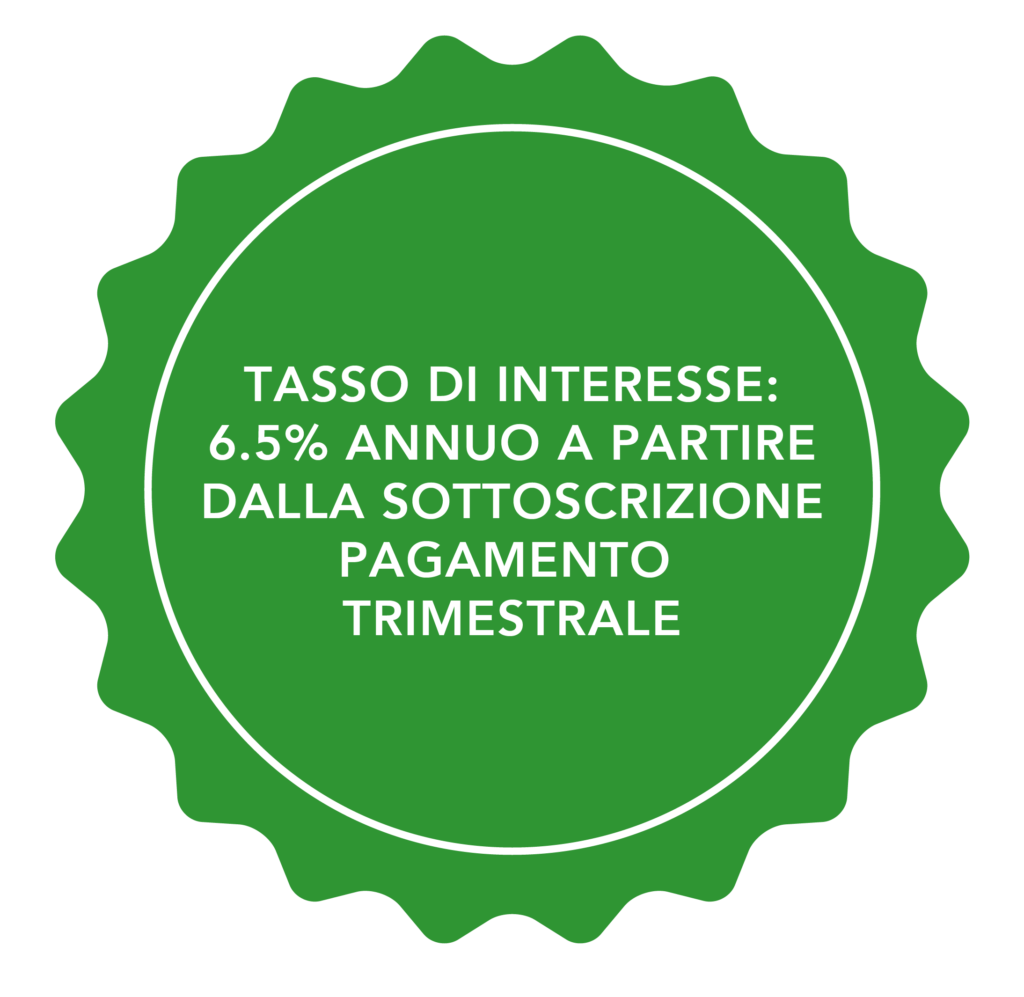 Nota con il testo: 6,5% annuo a partire dalla sottoscrizione Pagamento trimestrale