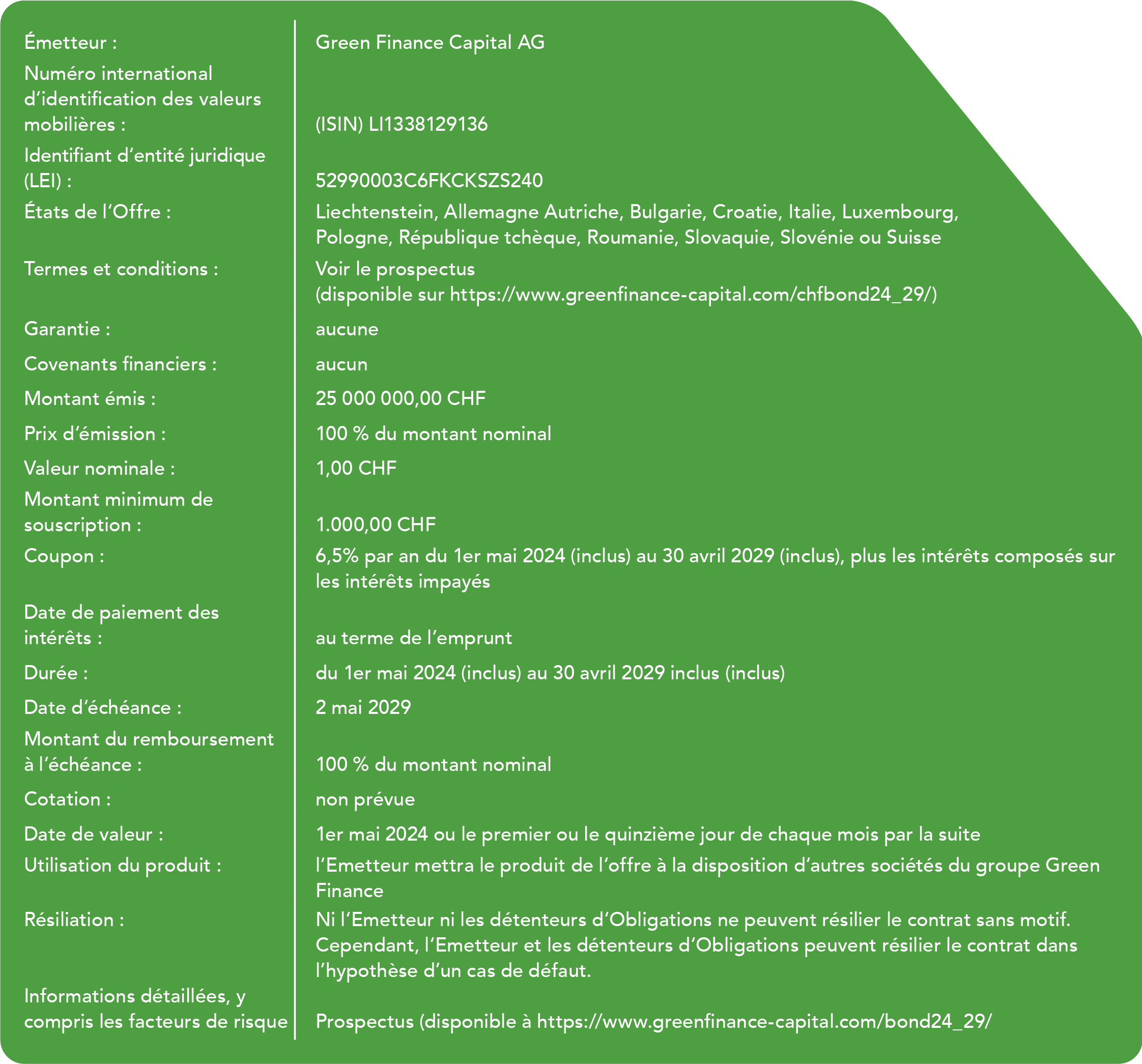 Faits concernant le Green Finance Capital CHF Step up Bond 2024-2029 - des informations plus détaillées sont disponibles dans la description de l'image.