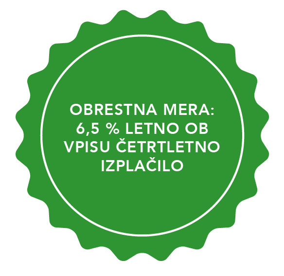 Opomba z besedilom: OBRESTNA MERA: 6,5 % LETNO OB VPISU ČETRTLETNO IZPLAČILO