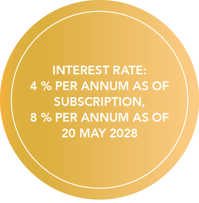Note with the text: INTEREST RATE: 4 % PER ANNUM AS OF SUBSCRIPTION, 8 % PER ANNUM AS OF 20 MAY 2028