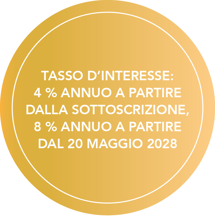 Nota con il testo: TASSO D‘INTERESSE: 4 % ANNUO A PARTIRE DALLA SOTTOSCRIZIONE, 8 % ANNUO A PARTIRE DAL 20 MAGGIO 2028